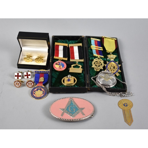 152 - A Collection of Various Masonic Jewels, Pocket Watch, Cufflinks, Bookmark Etc