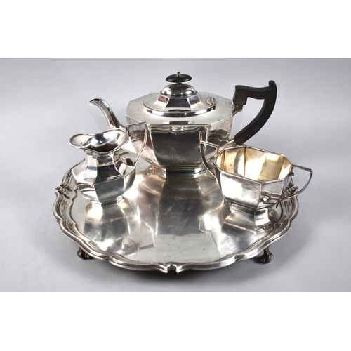 153 - An Edwardian Silver Plated Three Piece Tea Service on Circular Salver with Four Scrolled Feet, 35cms... 