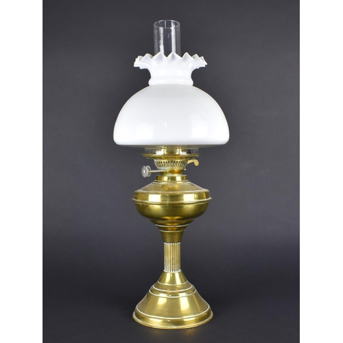 185 - An Early/Mid 20th Century Brass Oil Lamp with Opaque Glass Shade and Plain Chimney