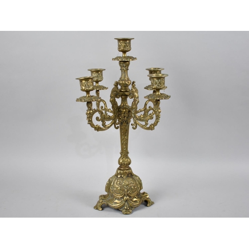 19 - A French Brass Single Five Branch Candelabra Garniture, 39cms High