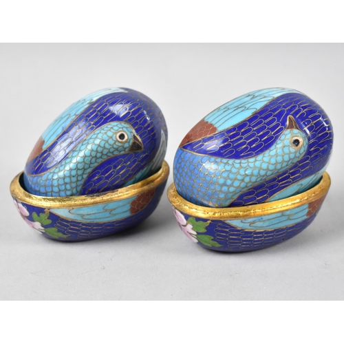 201 - A Pair of Far Eastern Cloisonne Enamel Oval Boxes Decorated with Geese, 7cms Long