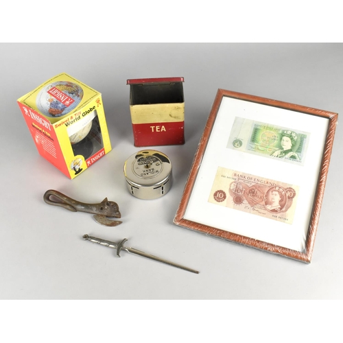 209 - A Framed Bank of England £1 and Ten Shilling Note Set, a Midland Bank Money Box, Tin Plate Tea Caddy... 