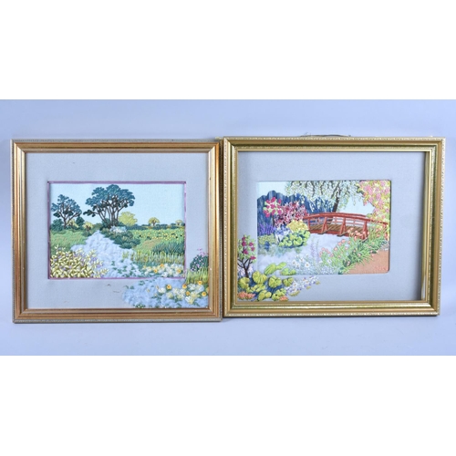 216 - Two Gilt Framed Silk Embroideries, Bridge and River Scenes