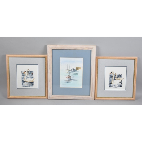 221 - A Pair of Swan Watercolours and a Harbour Scene