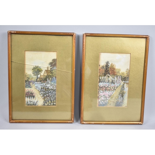 228 - A Pair of Framed Watercolours Depicting Cottage Gardens, 10x19cms, One with Cracked Glass