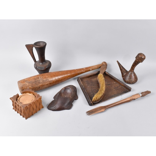 240 - A Collection of Various Carved Wooden items to include Exercise Club, Jug, Ashtray Etc