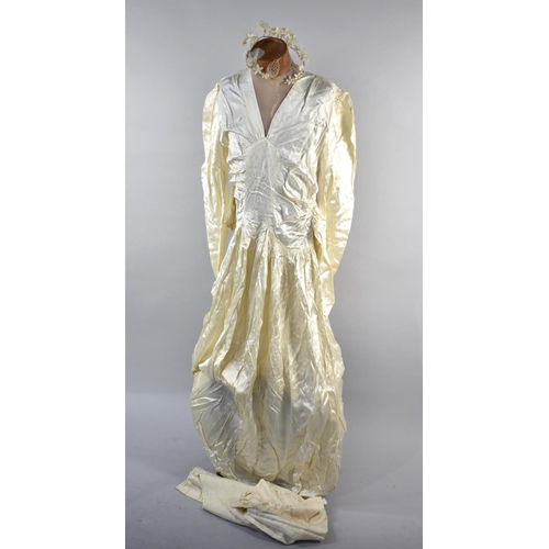 255 - An Early 20th Century Silk Wedding Dress with Slip and Lace Tiara