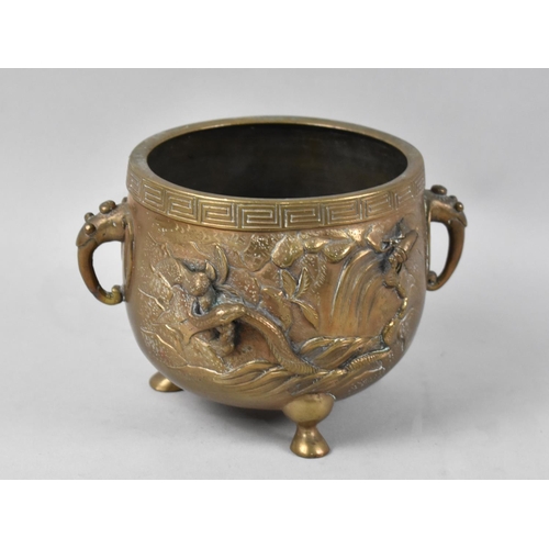 290 - A Reproduction Chinese Bronze Tripod Censer Cast in Relief with Snake, Bugs and Birds with Twin Elep... 