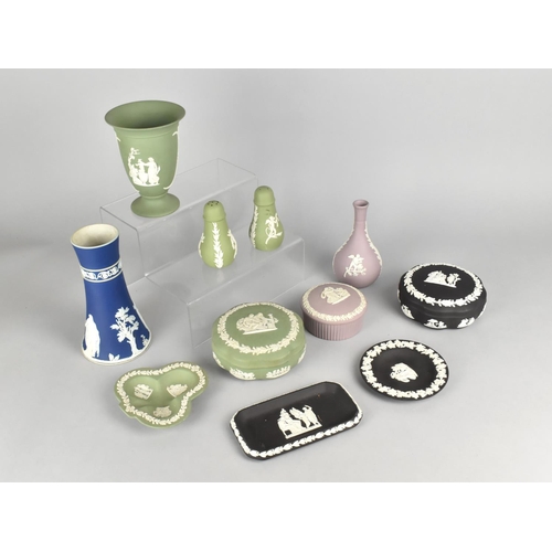 310 - Eleven Pieces of Various Wedgwood Jasperware to Comprise Blue and White Vase, Green and White Cruets... 