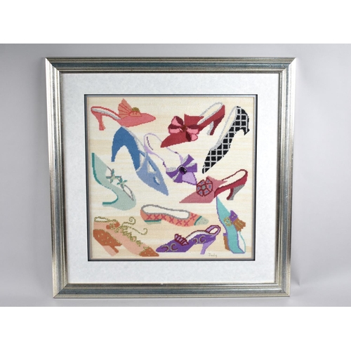 312 - A Framed Jewelled Tapestry Depicting Ladies Shoes Signed Judy, 39cms Square