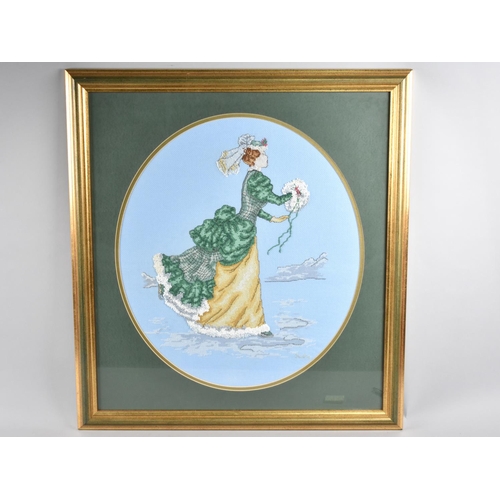 321 - A Framed Oval Needlepoint and Beadwork Depicting Victorian Ice Skater, 48x41cms