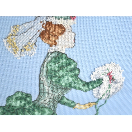 321 - A Framed Oval Needlepoint and Beadwork Depicting Victorian Ice Skater, 48x41cms