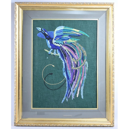 324 - A Framed Silk Embroidery Depicting Exotic Bird, 31x43cms