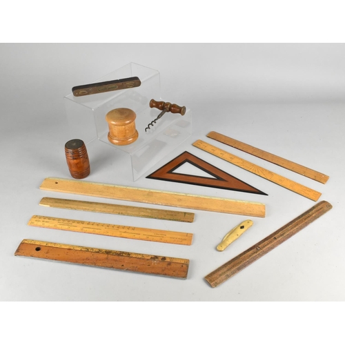 345 - A Collection of Various Vintage and Other Treen to Comprise Rulers, Turned Wooden Pots and a Corkscr... 