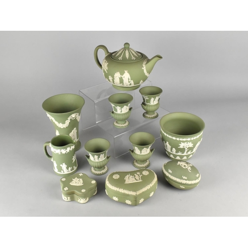 368 - A Collection of Eleven Pieces of Green and White to Comprise Teapot, Vases, Lidded Boxes