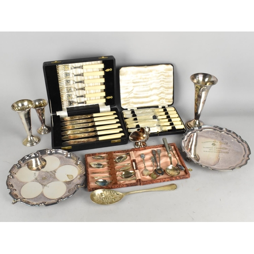 372 - A Collection of Various Silver Plate to Comprise Presentation Salvers, Cased Cutlery, Vases etc