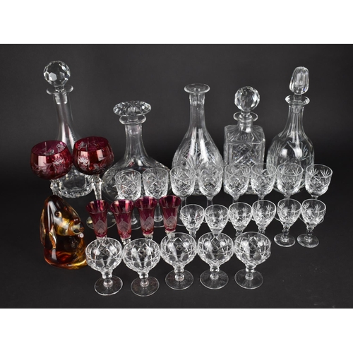 381 - A Collection of Various Glass to Comprise Decanters, Overlaid Hock Glasses, Sherries, Dog Ornament e... 