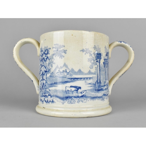 396 - A 19th Century English Blue and White Loving Mug, Rural Landscape Scene with Cattle and Ruins, 12.5c... 