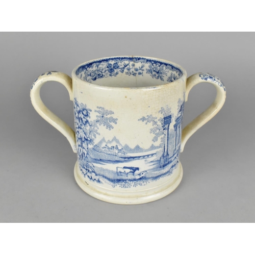 396 - A 19th Century English Blue and White Loving Mug, Rural Landscape Scene with Cattle and Ruins, 12.5c... 