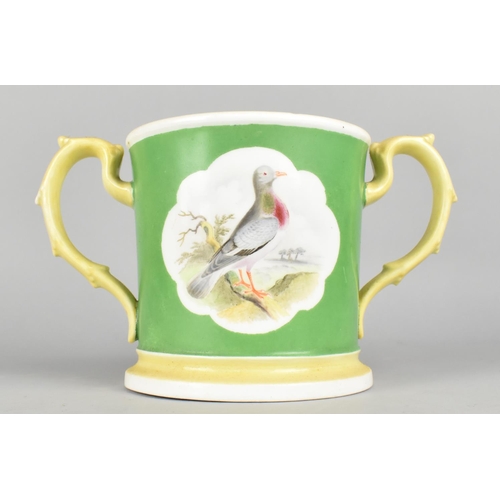 401 - A 19th Century Hand Painted Loving Mug Having Pigeon and Bullfinch Cartouches on Green Ground, 13cm ... 