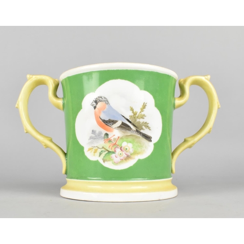 401 - A 19th Century Hand Painted Loving Mug Having Pigeon and Bullfinch Cartouches on Green Ground, 13cm ... 