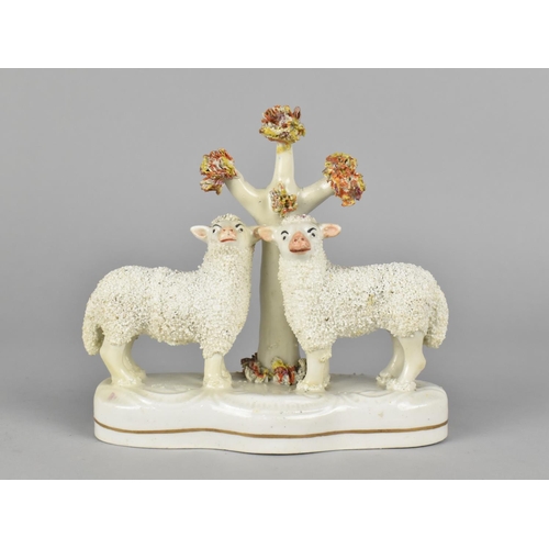 402 - A 19th Century Staffordshire Study of Sheep Beneath Tree on Quatrefoil Base, 13cm high