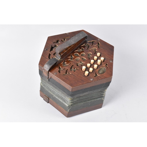 41 - A Late 19th/Early 20th Century Hexagonal Concertina with 20 Buttons, Fret Cut Rosewood Ends and Bell... 