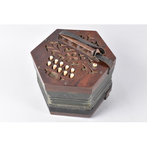 41 - A Late 19th/Early 20th Century Hexagonal Concertina with 20 Buttons, Fret Cut Rosewood Ends and Bell... 