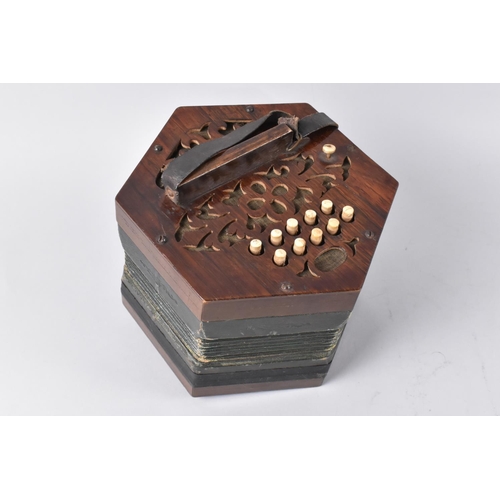 41 - A Late 19th/Early 20th Century Hexagonal Concertina with 20 Buttons, Fret Cut Rosewood Ends and Bell... 