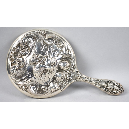 425 - An Ornate Silver Mounted Hand Mirror with Repousse Decoration Detailing Maiden and Cherub, Scrolls e... 