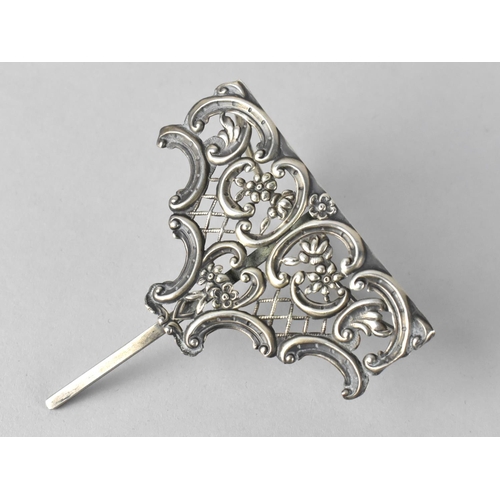 429 - A Victorian Ornate Silver Place Card Holder of Pierced Scrolled Design, 8cm high