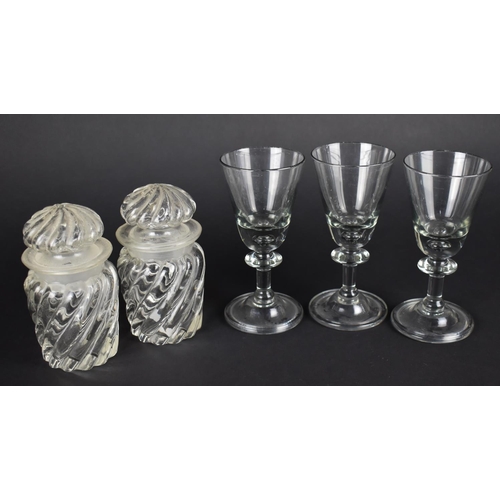 436 - A Pair of Late 19th/Early 20th Century Wrythen Glass Jars Together with Three Georgian Style Drinkin... 