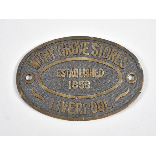 46 - A Vintage Brass Plate for Withy Grove Stores, Liverpool, Established 1850, 13cms Wide