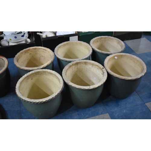 478 - A Collection of Six Various Glazed Stoneware Patio Plant Pots, 30cms Diameter and 27cms High