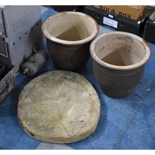 479 - A Pair of Salt Glazed Patio Plant Pots and a Garden Stand in the Form of a Lilypad