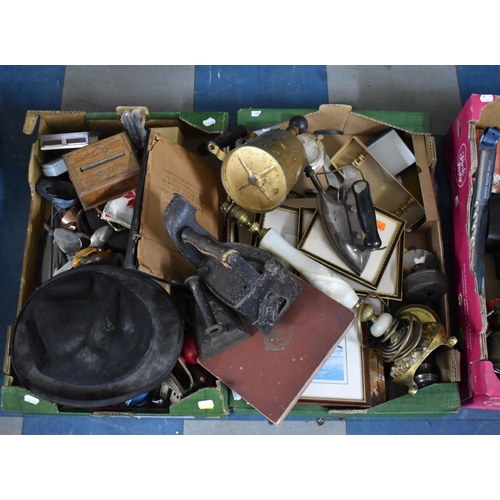 506 - Two Boxes of Various Sundries to Comprise Flat Iron, Hats, Lamp Base etc