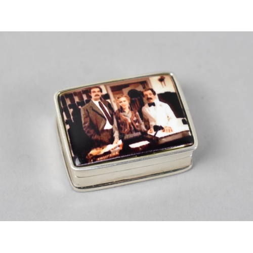 51 - A Silver Pill Box, The Hinged Lid Decorated with the Cast From Fawlty Towers, Stamped Internally 925... 