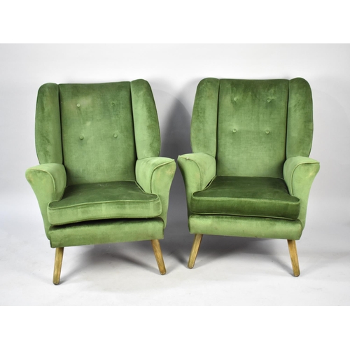 556 - A Pair of Vintage Green Upholstered Button Backed Armchairs