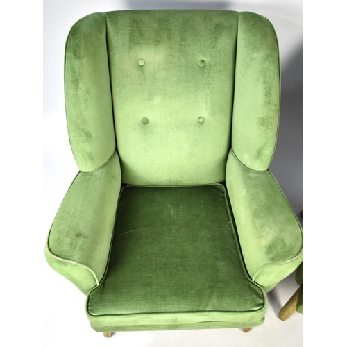 556 - A Pair of Vintage Green Upholstered Button Backed Armchairs