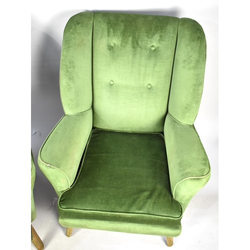 556 - A Pair of Vintage Green Upholstered Button Backed Armchairs