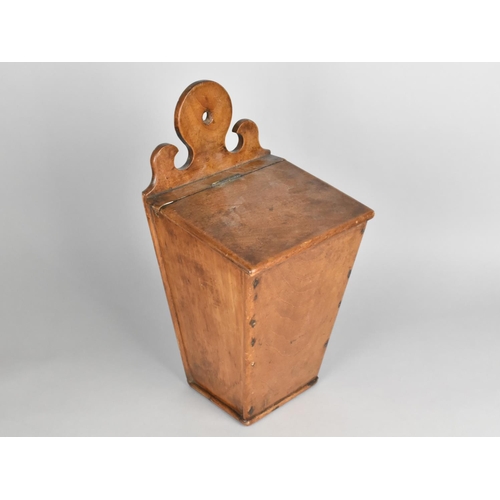 6 - A 19th Century Wall Hanging Candle Box with Sloping Hinged Lid, Fretwork Top, 37cms High