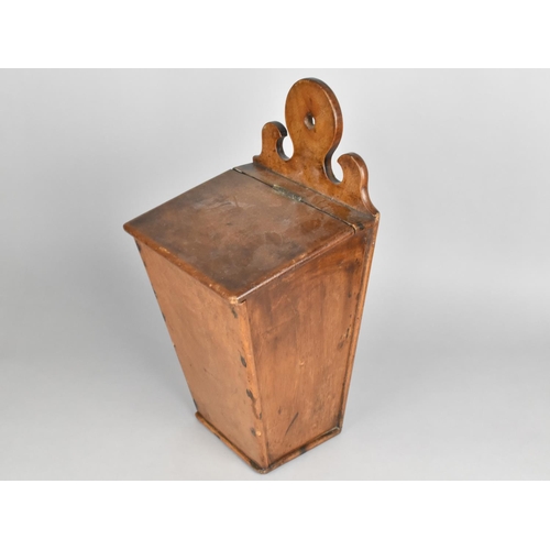 6 - A 19th Century Wall Hanging Candle Box with Sloping Hinged Lid, Fretwork Top, 37cms High