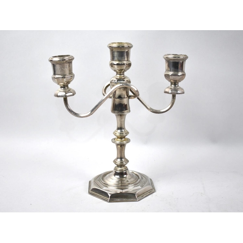 63 - A Small Silver Plated Three Branch Candelabra on Octagonal Base, 20cms High