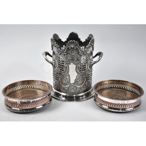 88 - A Single Two Handled Silver Plated Pierced Bottle Coaster together with a Pair of Pierced Sheffield ... 