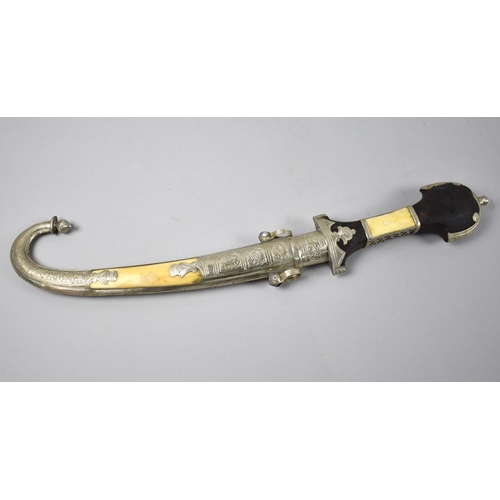 89 - An Indian Curved Blade Dagger with Silver Plate Mounted Wooden Handle and Scabbard, 50cms Long