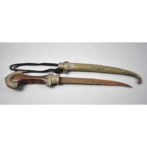 90 - An Indian Curved Blade Dagger with Brass Mounted Wooden Handle and Brass Scabbard, 42cms Long