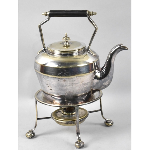 98 - An Edwardian Silver Plated Spirit Kettle on Stand Complete with Burner, Turned Ebonized Handle, 25.5... 