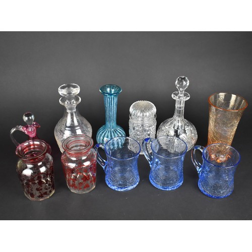 377 - A Collection of Various Coloured Glass to Comprise Overlaid Jars, Cranberry Glass, Decanters, Crackl... 