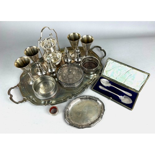 376 - A Collection of Various Silver Plate to Comprise Tray, Bottle Coasters, Sifters, Cased Spoons etc