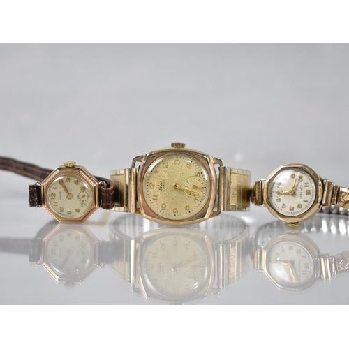 11 - Three 9ct Gold Cased Watches to include Square Faced Elco Example, Case Measuring 27mm Wide, 15 Jewe... 